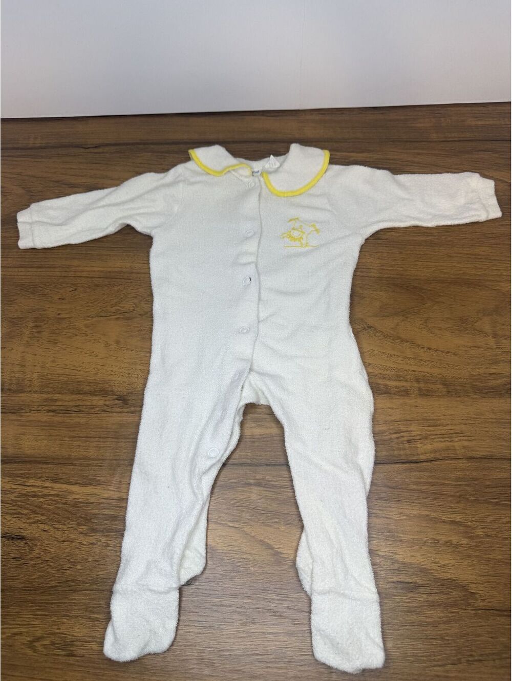Vintage Carter's Baby Footed One-Piece White with Yellow Trim & Embroidery